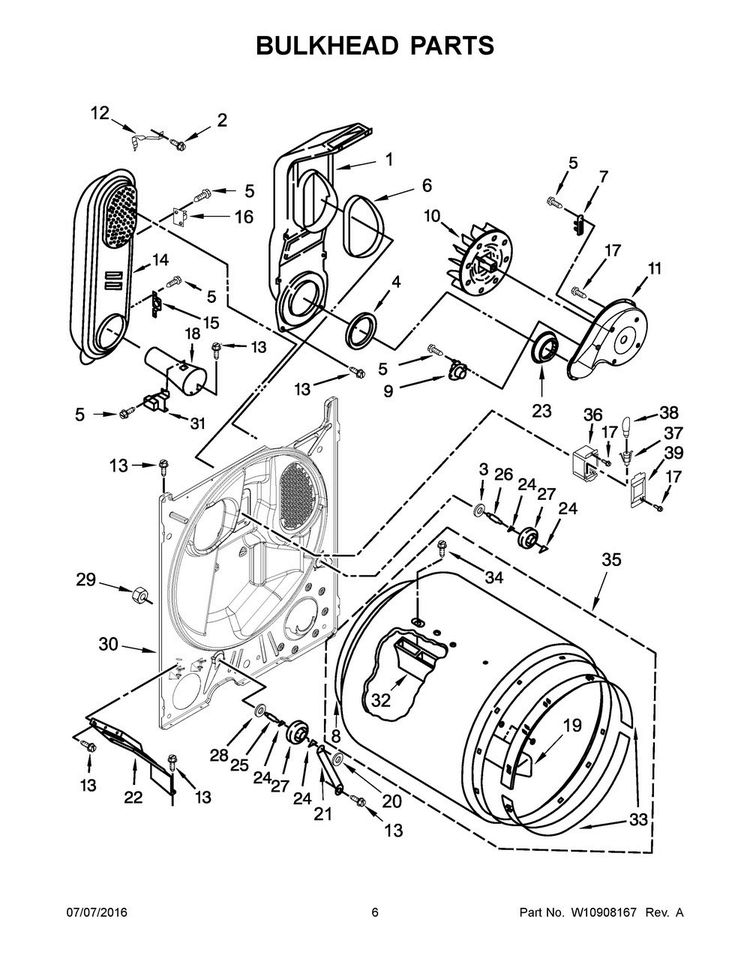 Bulkhead Parts Diagram and Parts List for 7MWGD1860EM0  Whirlpool Dryer