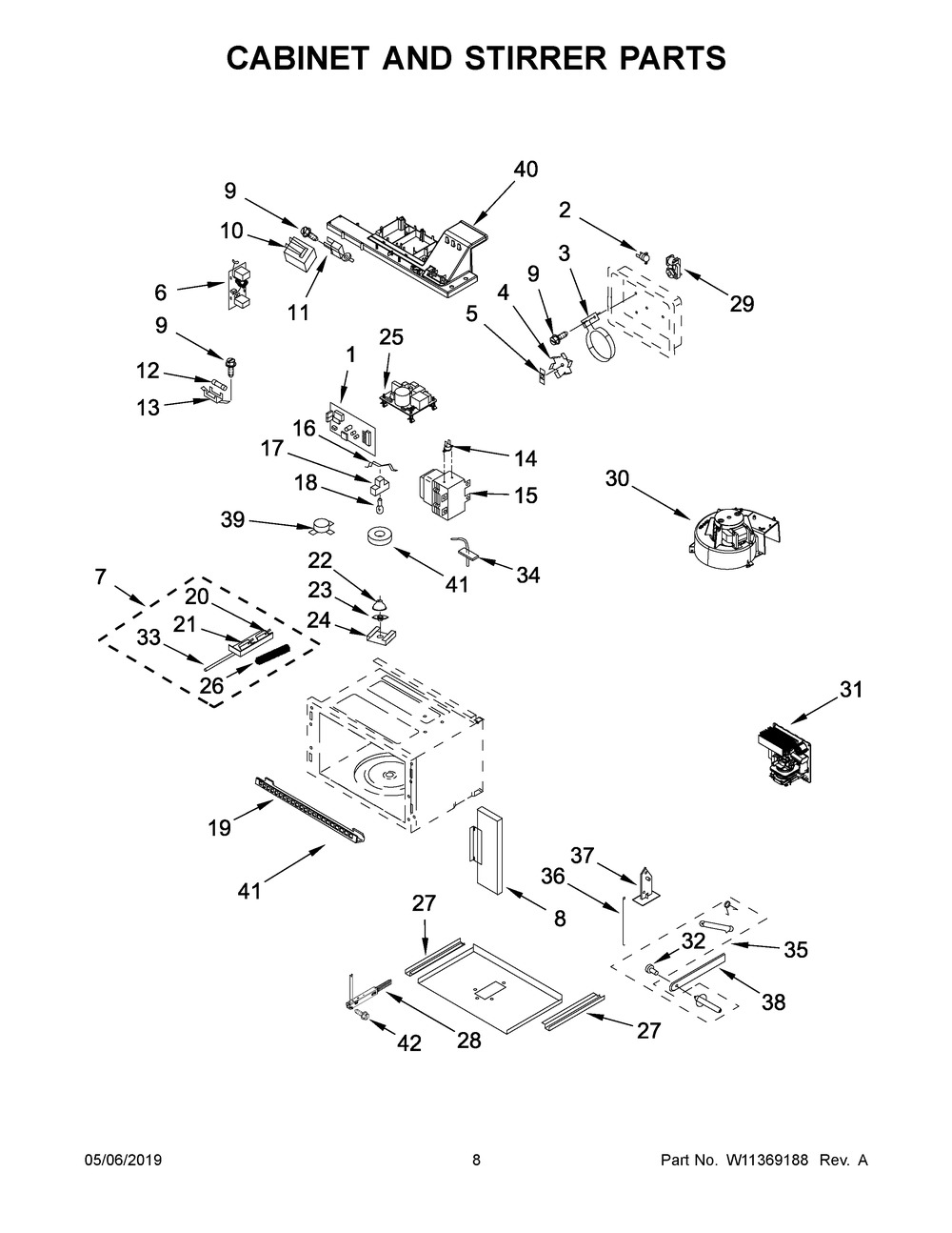 Cabinet And Stirrer Parts Diagram and Parts List for KMBP100ESS03  Whirlpool Microwave