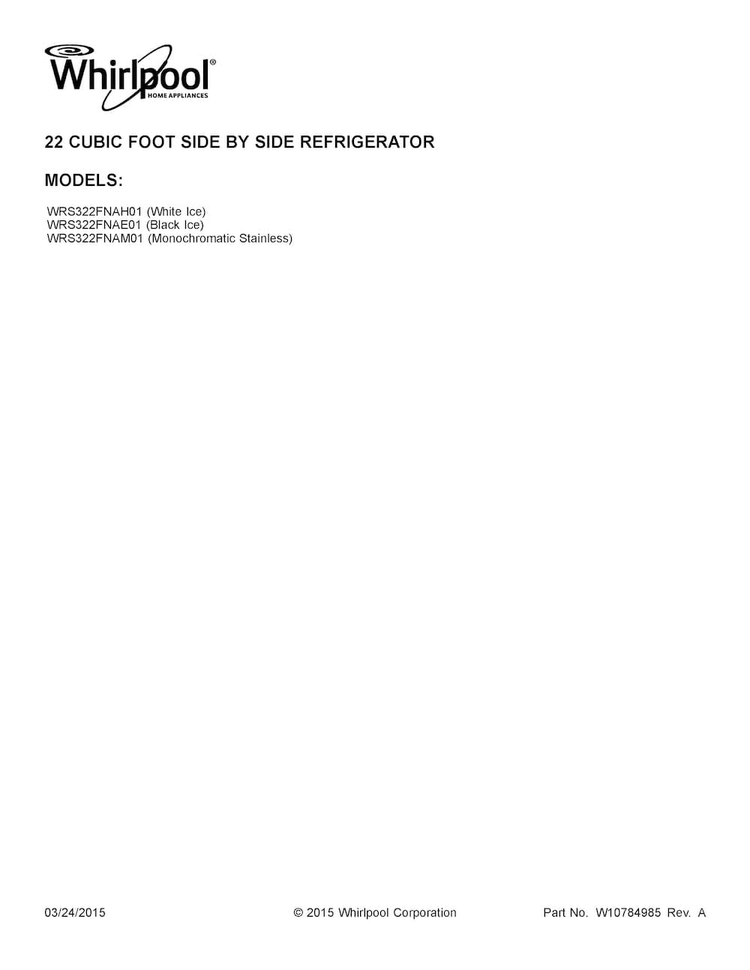 Cover Sheet Diagram and Parts List for WRS322FNAE01  Whirlpool Refrigerator