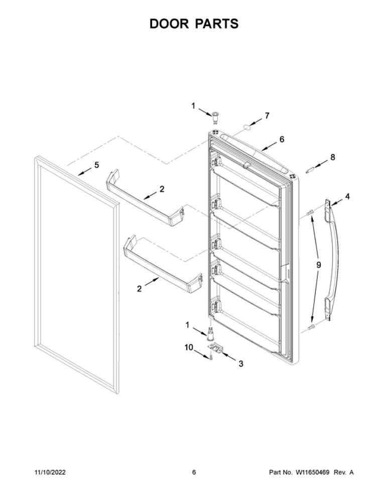 Door Parts Diagram and Parts List for WZF56R16DW09  Whirlpool Freezer