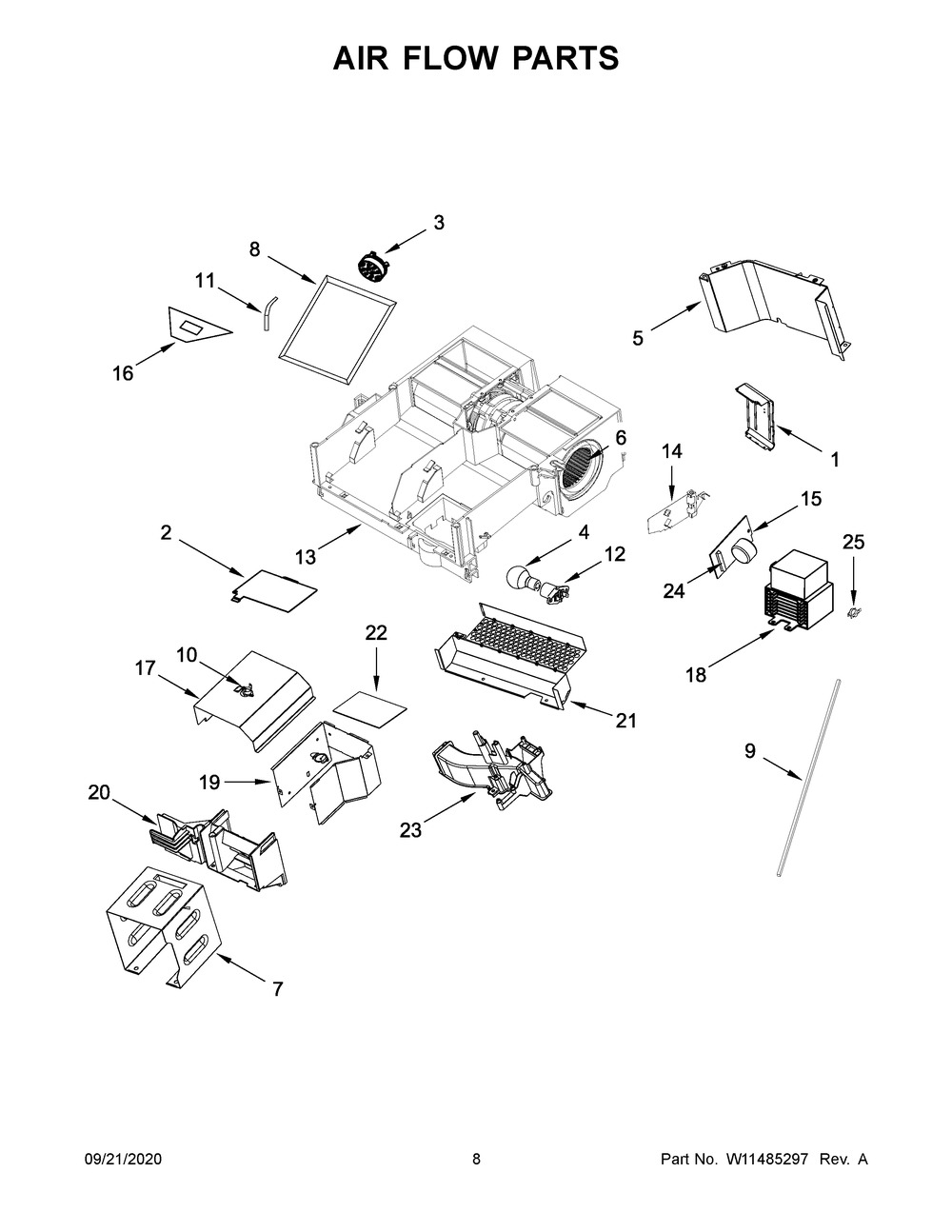Air Flow Parts Diagram and Parts List for KMHC319KPS0  Whirlpool Microwave Oven Combo