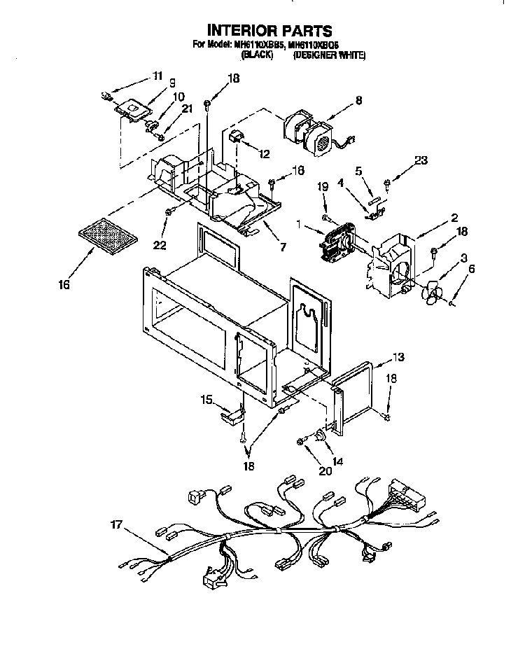 Interior Diagram and Parts List for 4361  Whirlpool Microwave