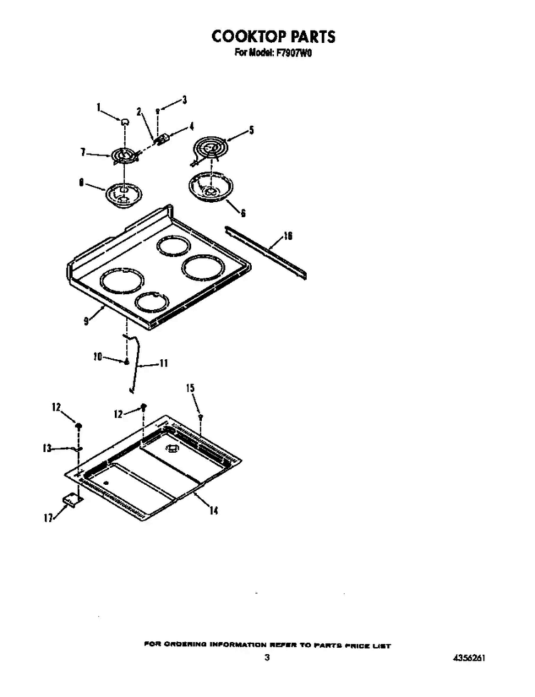 Cooktop Diagram and Parts List for F7907W0  Roper Range