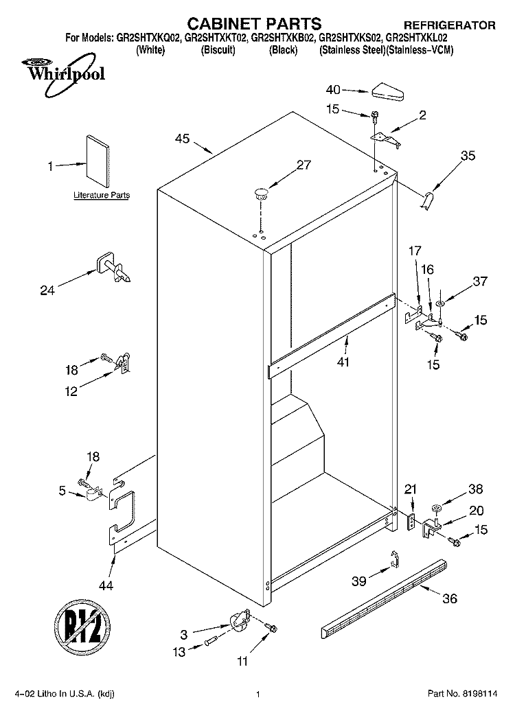 CABINET, LITERATURE Diagram and Parts List for GR2SHTXKL02  Whirlpool Refrigerator