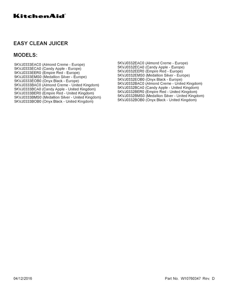 Cover Sheet Diagram and Parts List for 5KVJ0332EER0  KitchenAid Juicer