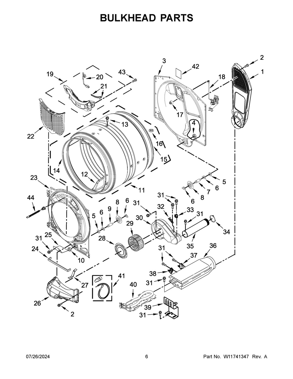 04 - Bulkhead Parts Diagram and Parts List for MED7020RF0  Whirlpool Dryer