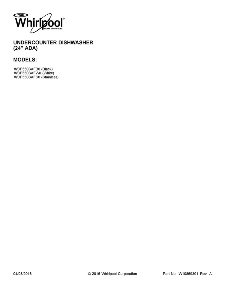 Cover Sheet Diagram and Parts List for WDF550SAFW0  Whirlpool Dishwasher