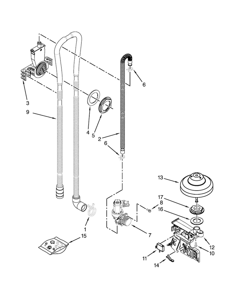 Fill, Drain And Overfill Parts Diagram and Parts List for WDT790SLYM3  Whirlpool Dishwasher
