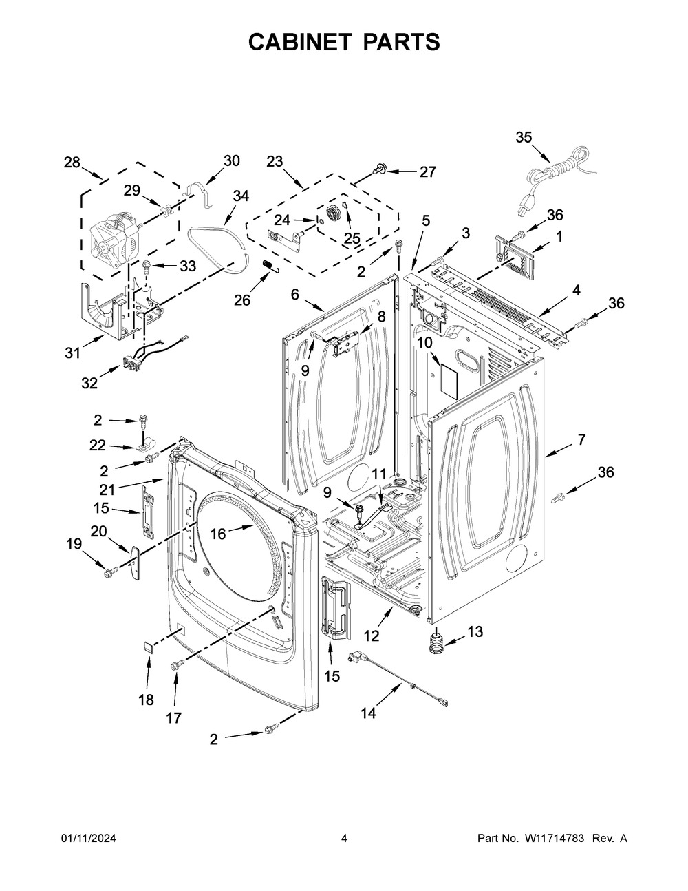 Cabinet Parts Diagram and Parts List for 8TWGD5620HW2  Whirlpool Dryer