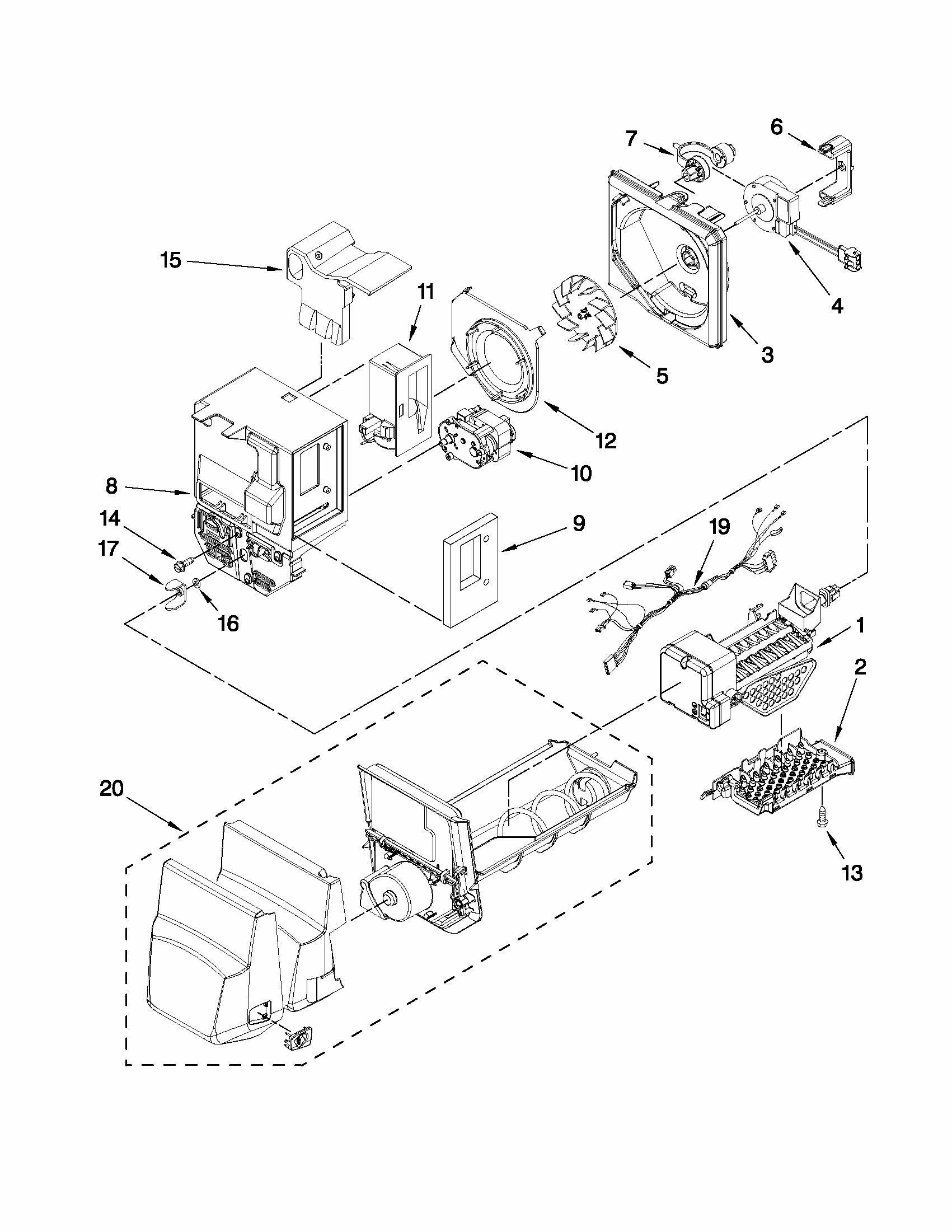 Motor And Ice Container Parts Diagram and Parts List for 59679542015  Kenmore Refrigerator