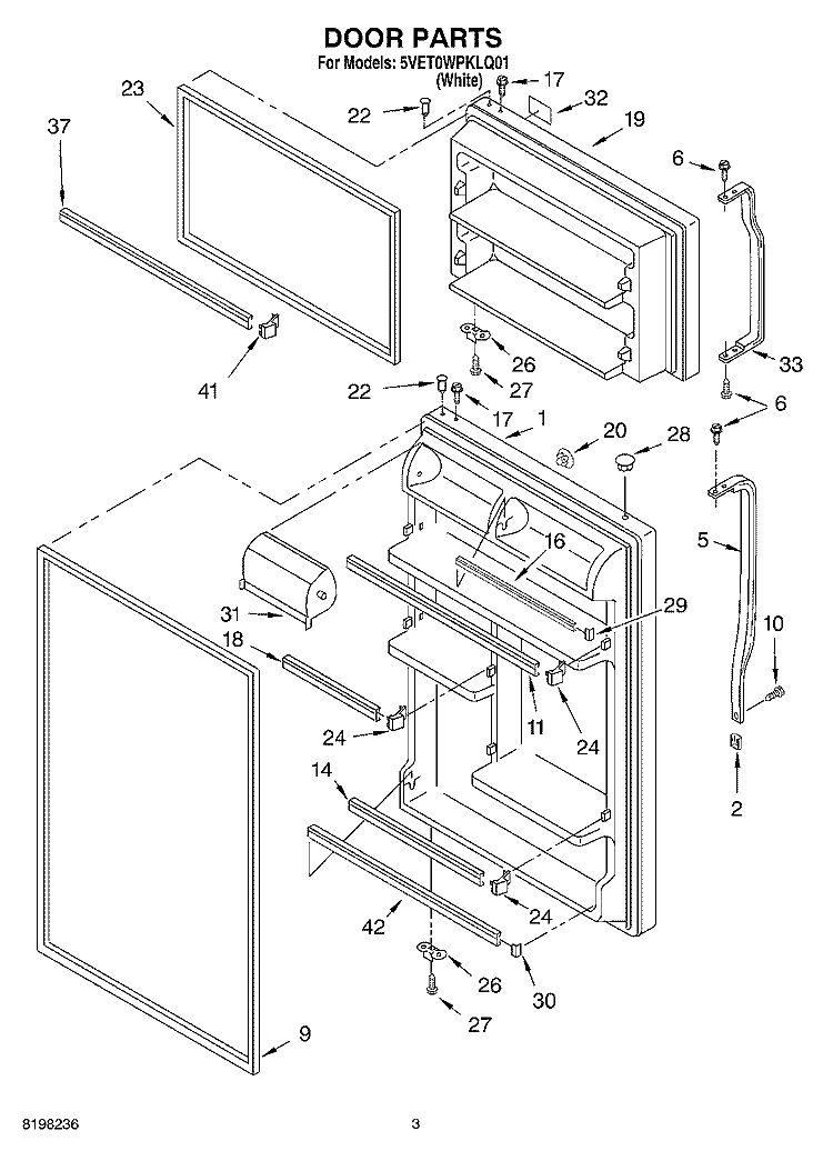 DOOR Diagram and Parts List for 5VET0WPKLQ01  Whirlpool Refrigerator