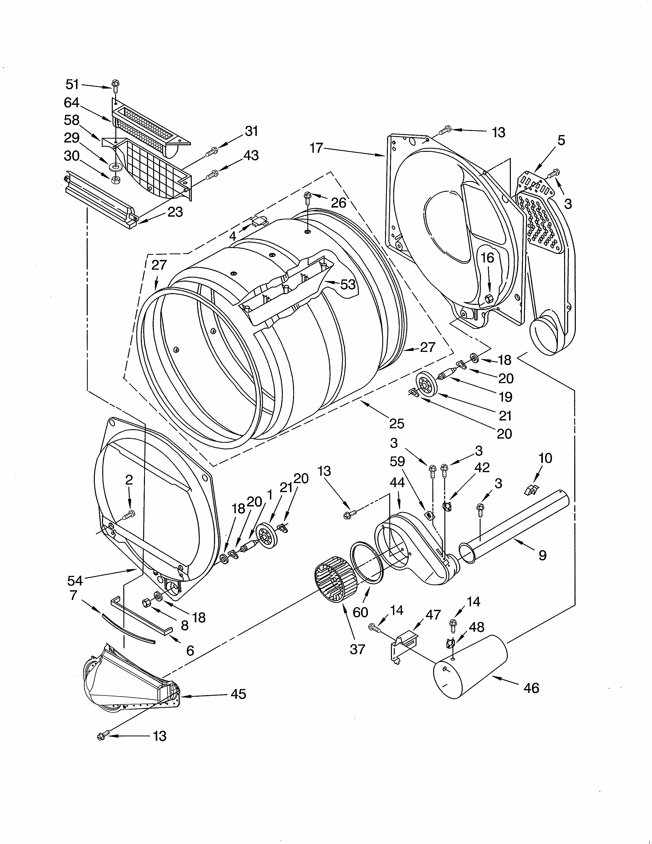 Upper & Lower Bulkhead Diagram and Parts List for 11072182103  Kenmore Dryer