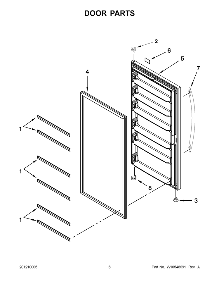 DOOR PARTS Diagram and Parts List for EV250NXTQ03  Whirlpool Freezer