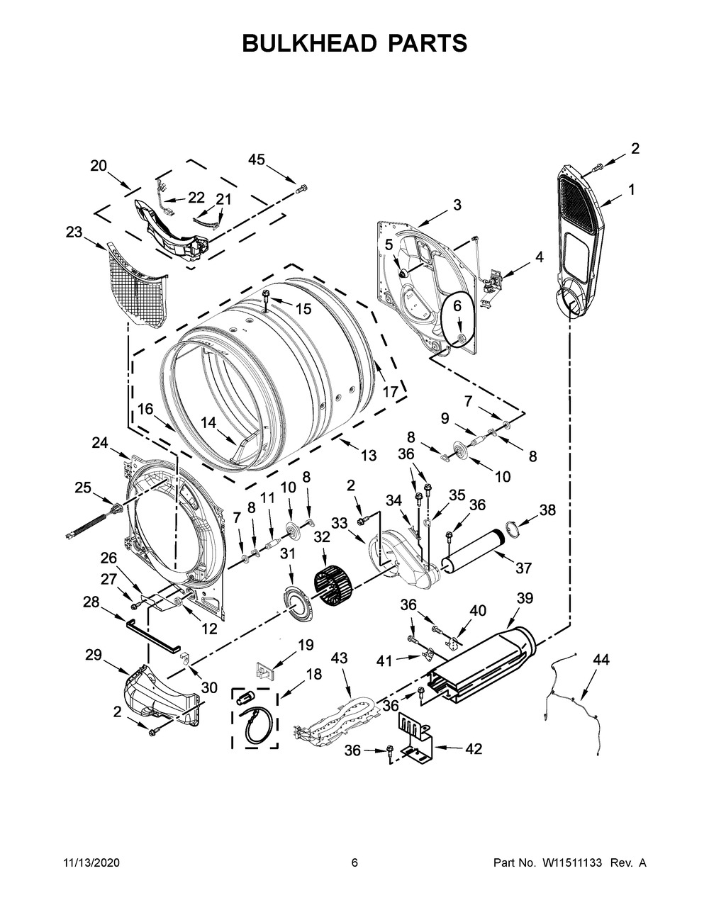 Bulkhead Parts Diagram and Parts List for WED9620HC2  Whirlpool Dryer