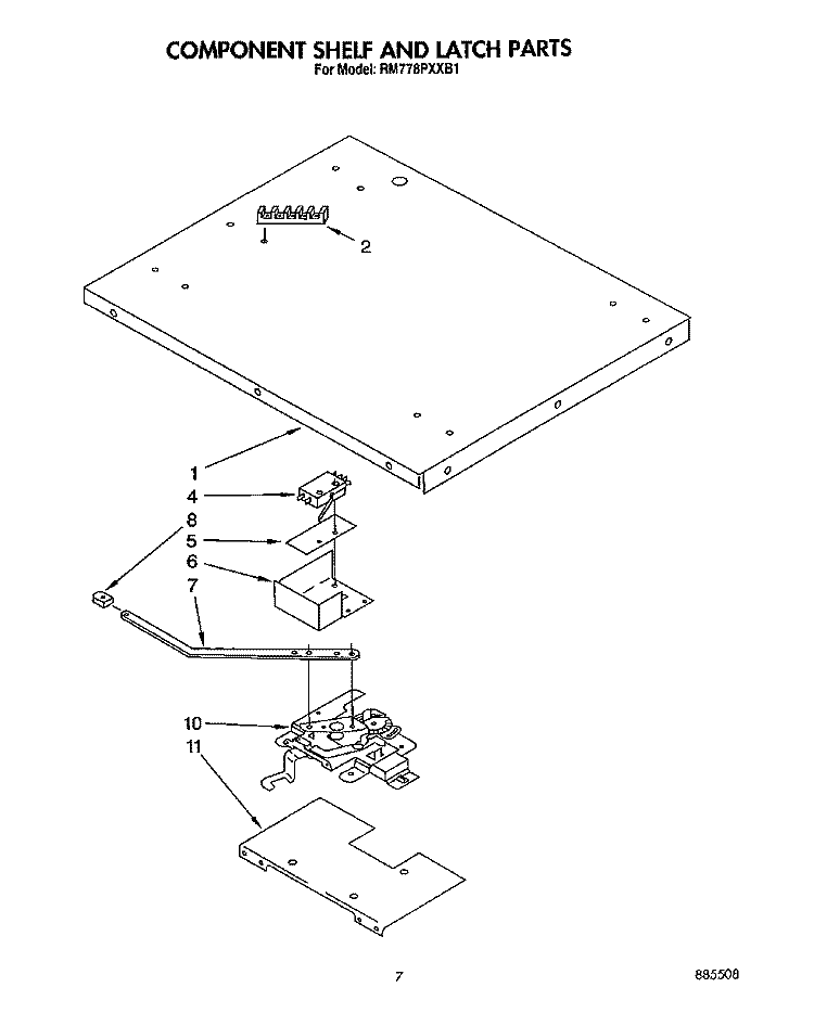 COMPONENT SHELF AND LATCH Diagram and Parts List for RM778PXXB1  Whirlpool Microwave Oven Combo