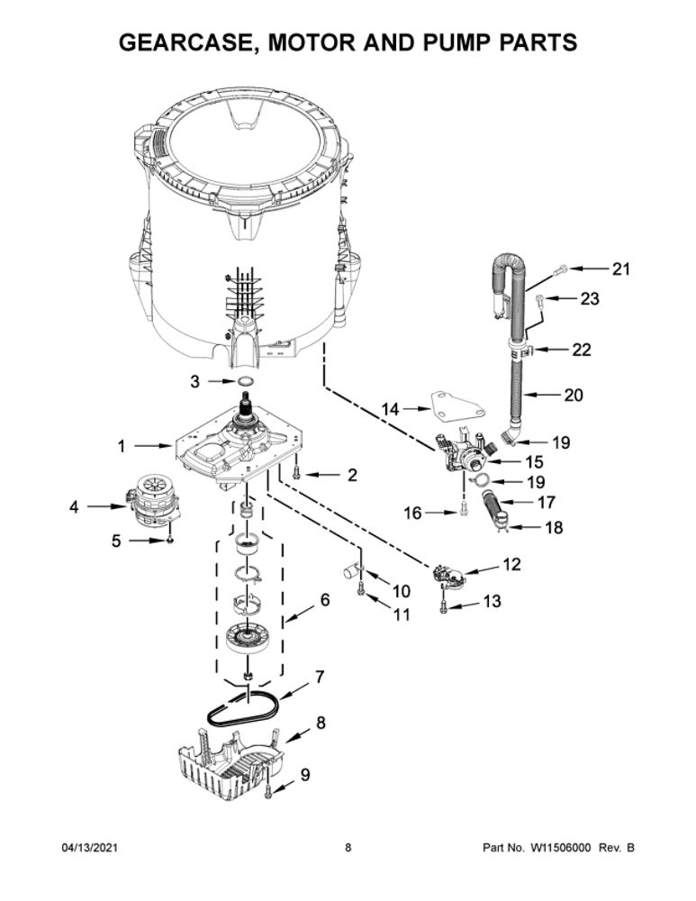 Gearcase, Motor And Pump Parts Diagram and Parts List for 11021112021  Kenmore Washer