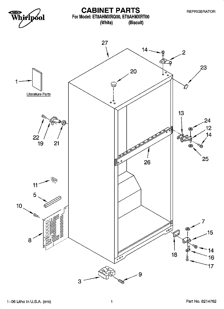 CABINET PARTS Diagram and Parts List for ET8AHMXRQ00  Whirlpool Refrigerator