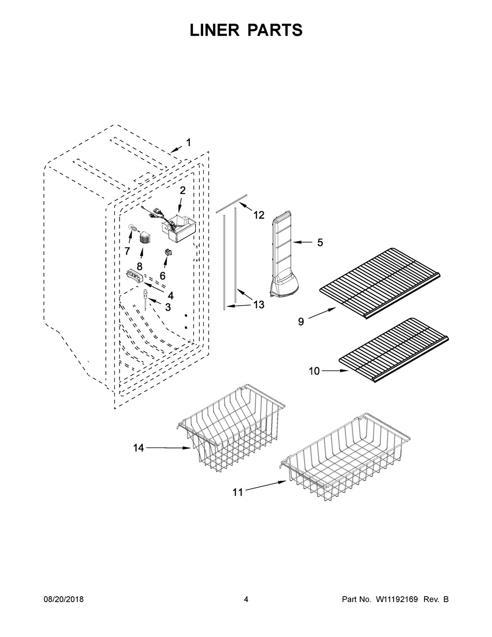 Liner Parts Diagram and Parts List for GAFZ30FDGB00  Whirlpool Cabinet