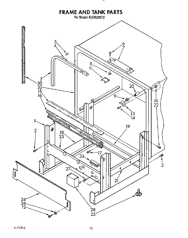 FRAME AND TANK Diagram and Parts List for KUDS220T2  KitchenAid Dishwasher