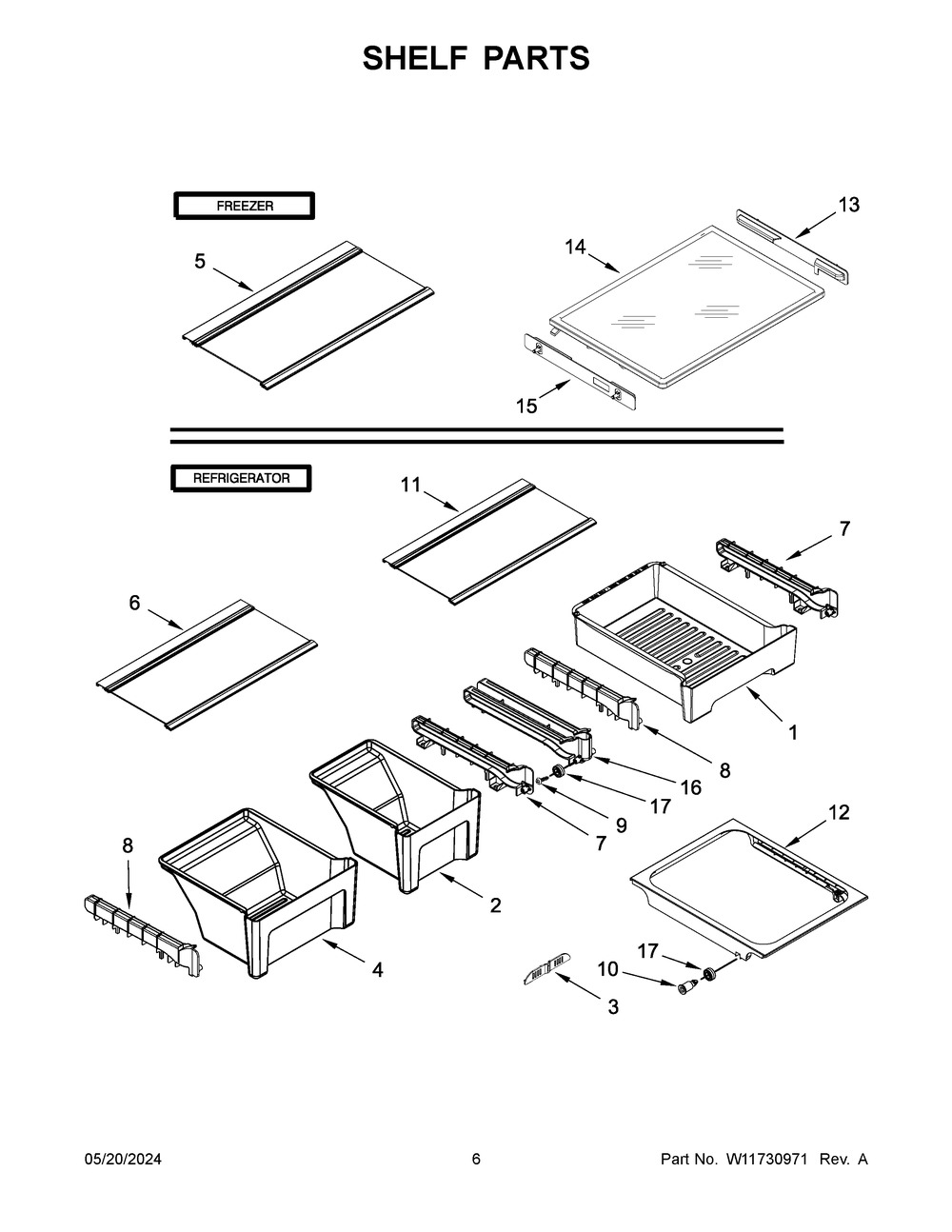 Shelf Parts Diagram and Parts List for WRT541SZDW03  Whirlpool Refrigerator
