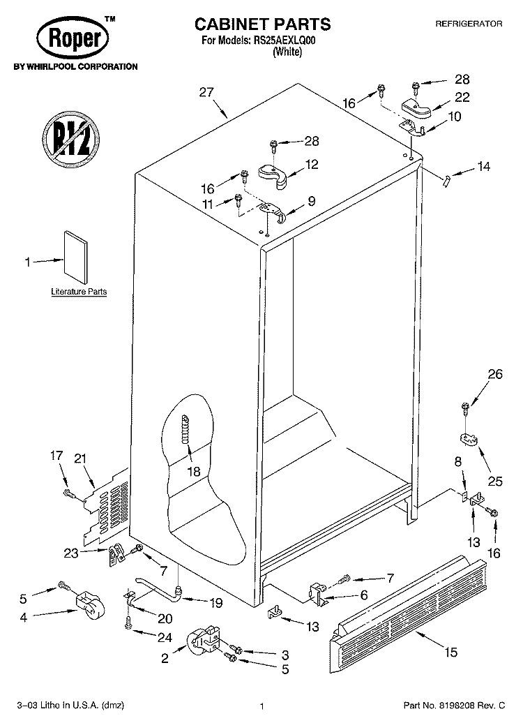 CABINET PARTS Diagram and Parts List for RS25AEXLQ00  Roper Refrigerator