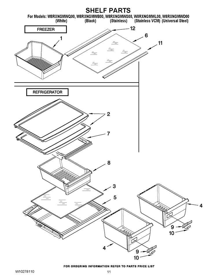 SHELF PARTS Diagram and Parts List for W8RXNGMWL00  Whirlpool Refrigerator