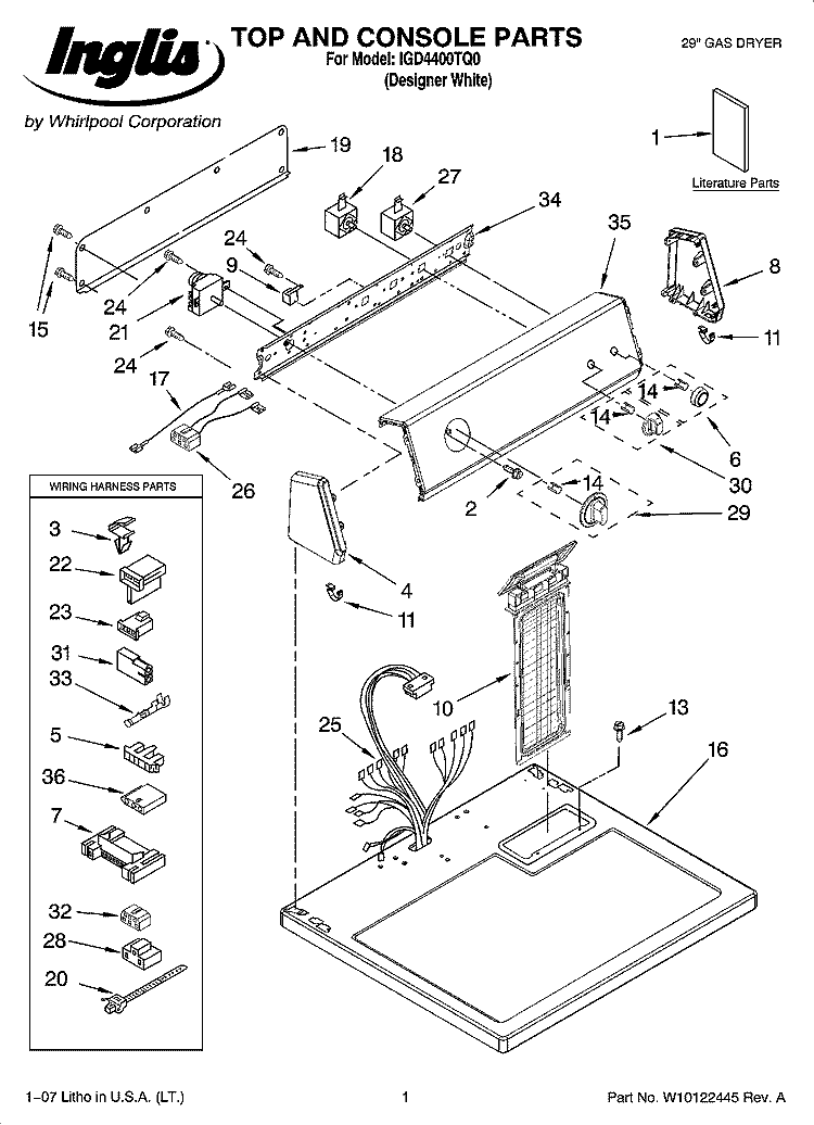 TOP AND CONSOLE PARTS Diagram and Parts List for IGD4400TQ0  Inglis Dryer