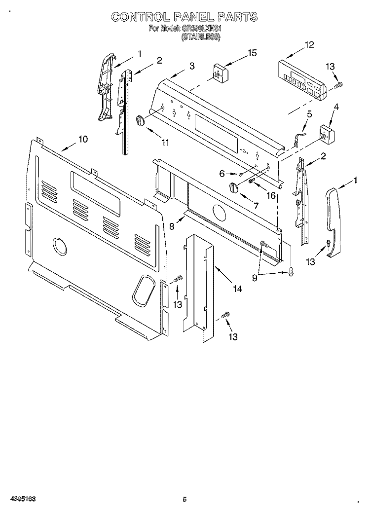 CONTROL PANEL Diagram and Parts List for GR399LXHS1  Whirlpool Range