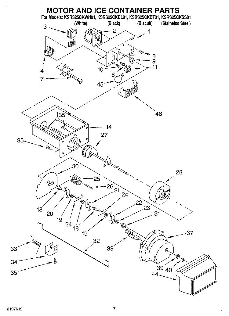 MOTOR AND ICE CONTAINER Diagram and Parts List for KSRS25CKSS01  KitchenAid Refrigerator