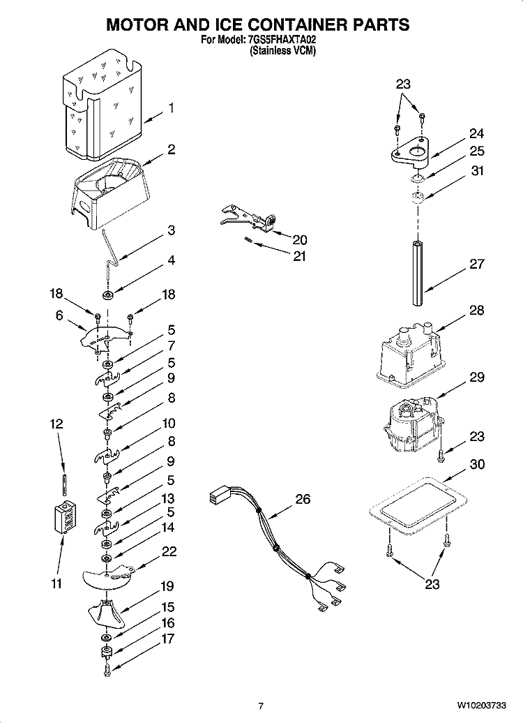 MOTOR AND ICE CONTAINER PARTS Diagram and Parts List for 7GS5FHAXTA02  Whirlpool Refrigerator