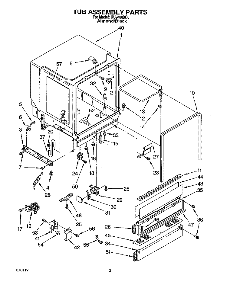TUB ASSEMBLY Diagram and Parts List for DU9400XB0  Whirlpool Dishwasher