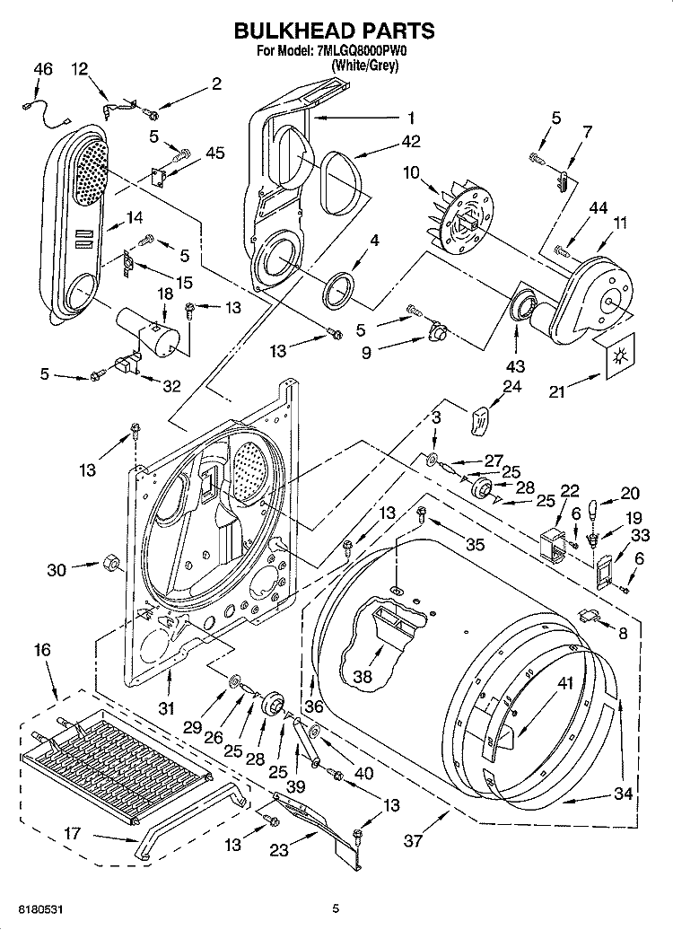 BULKHEAD PARTS Diagram and Parts List for 7MLGQ8000PW0  Whirlpool Dryer