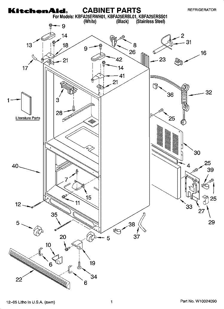 CABINET PARTS Diagram and Parts List for KBFA25ERSS01  KitchenAid Refrigerator