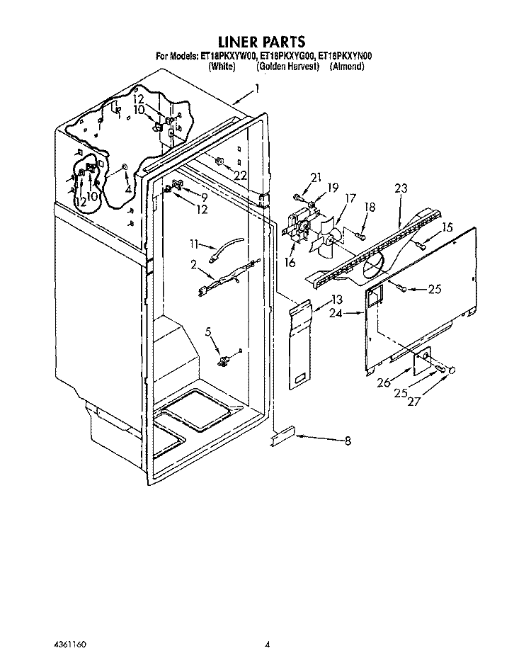 LINER Diagram and Parts List for ET18PKXYN00  Whirlpool Refrigerator