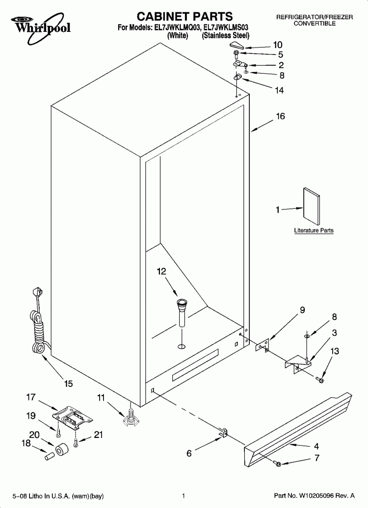 CABINET PARTS Diagram and Parts List for EL7JWKLMQ03  Whirlpool Refrigerator