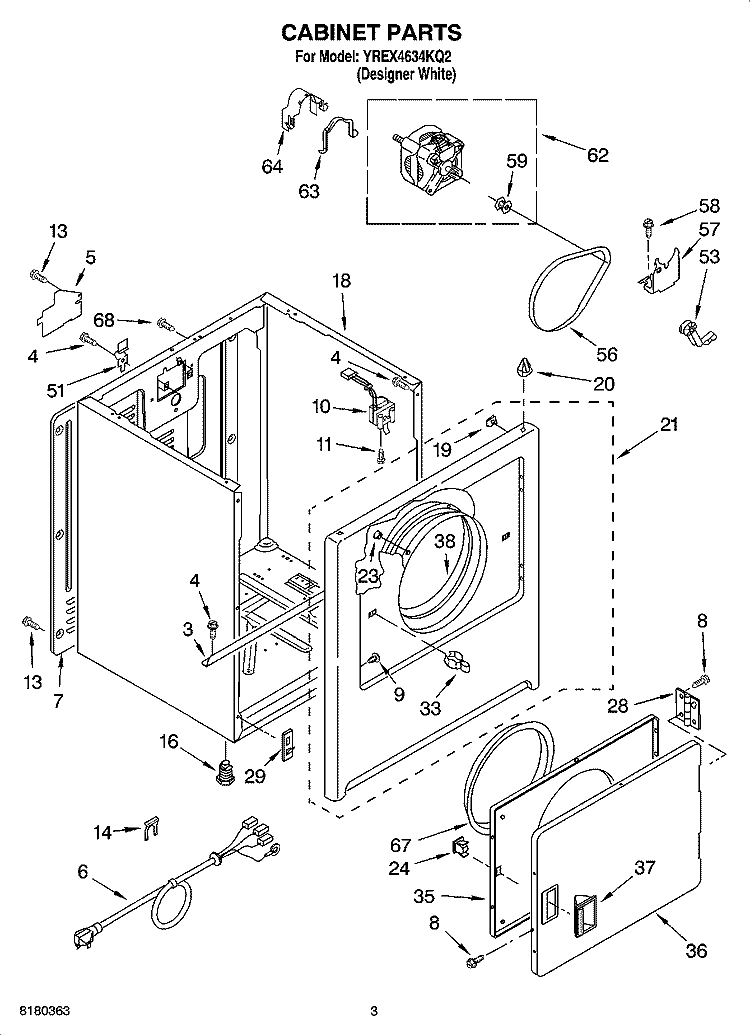 CABINET PARTS Diagram and Parts List for YREX4634KQ2  Roper Dryer