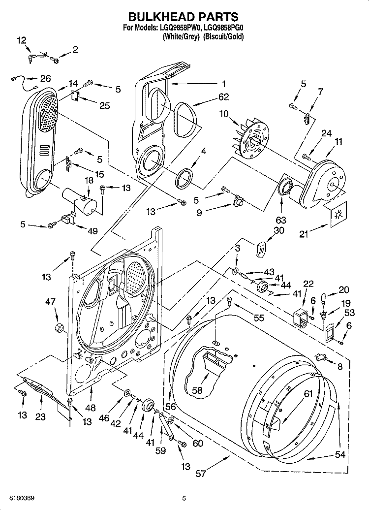 BULKHEAD PARTS Diagram and Parts List for LGQ9858PG0  Whirlpool Dryer