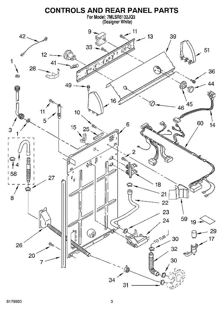 CONTROLS AND REAR PANEL Diagram and Parts List for 7MLSR5132JQ3  Whirlpool Washer