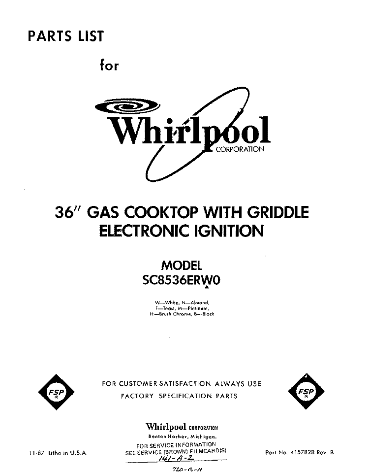 SECTION Diagram and Parts List for SC8536ERW0  Whirlpool Cooktop