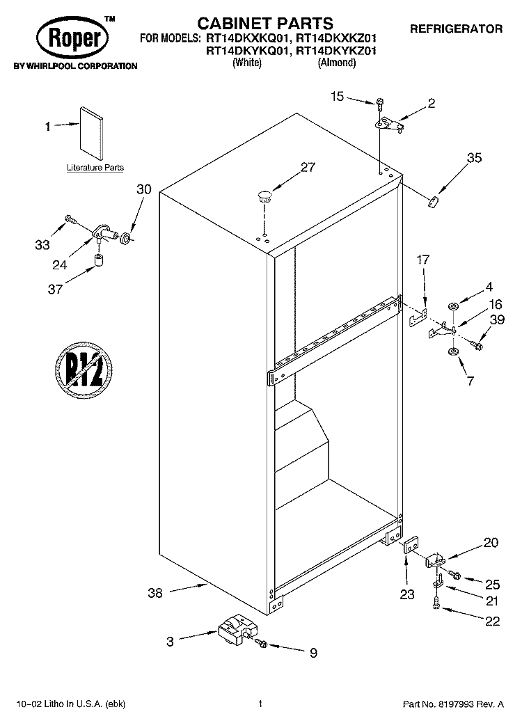 CABINET, LITERATURE Diagram and Parts List for RT14DKYKQ01  Roper Refrigerator