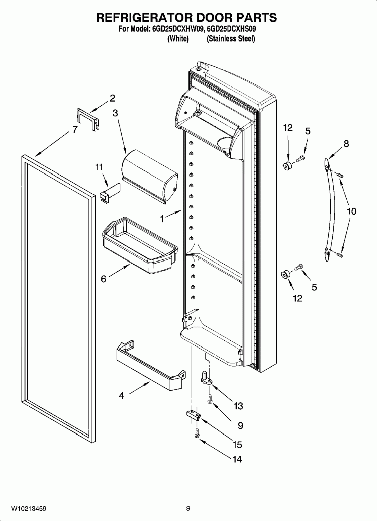 REFRIGERATOR DOOR PARTS Diagram and Parts List for 6GD25DCXHS09  Whirlpool Refrigerator