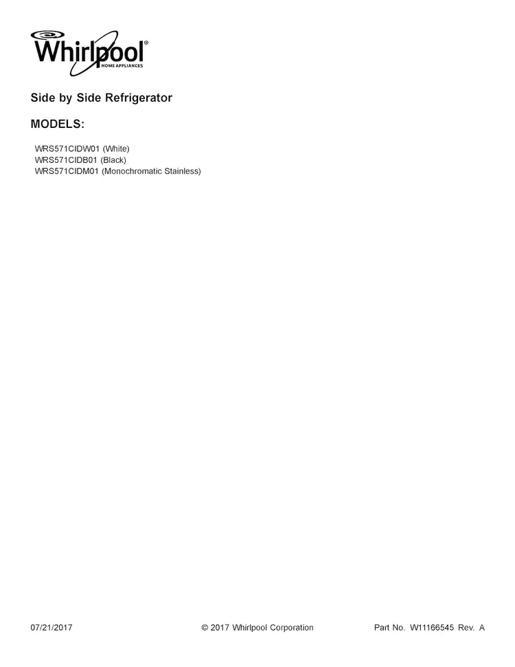 Cover Sheet Diagram and Parts List for WRS571CIDM01  Whirlpool Refrigerator