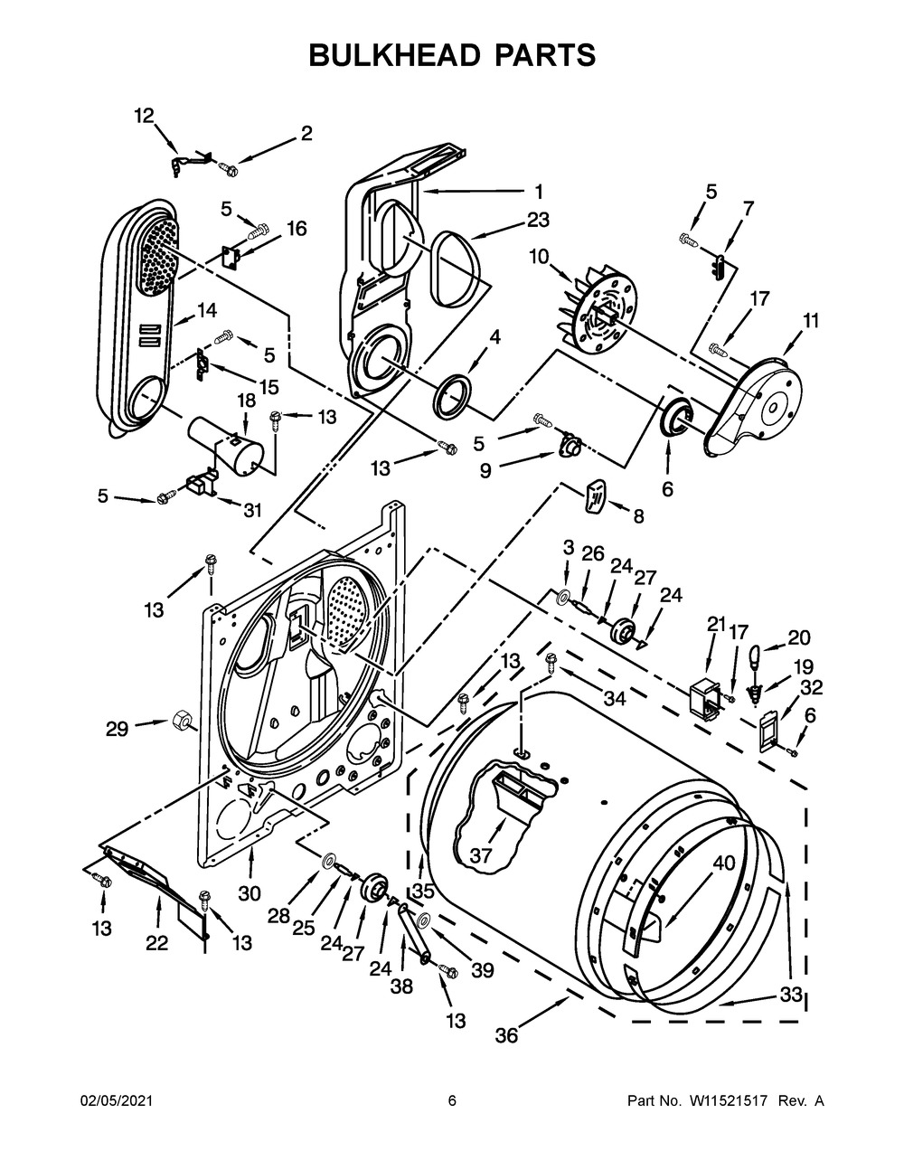 Bulkhead Parts Diagram and Parts List for WGD5000DW4  Whirlpool Dryer
