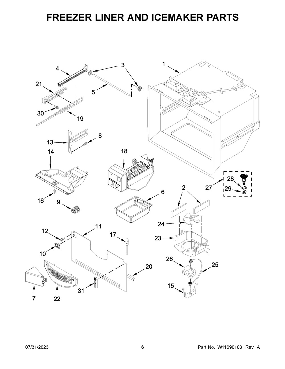 Freezer Liner And Icemaker Parts Diagram and Parts List for WRF540CWHZ10  Whirlpool Refrigerator