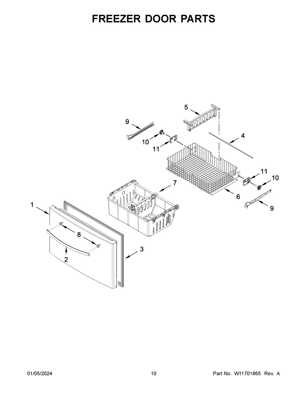 Freezer Door Parts Diagram and Parts List for WRF555SDHW09  Whirlpool Refrigerator