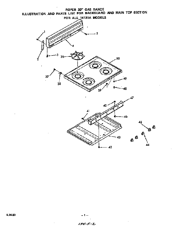 Backguard And Main Top Diagram and Parts List for 1413*1A  Roper Range