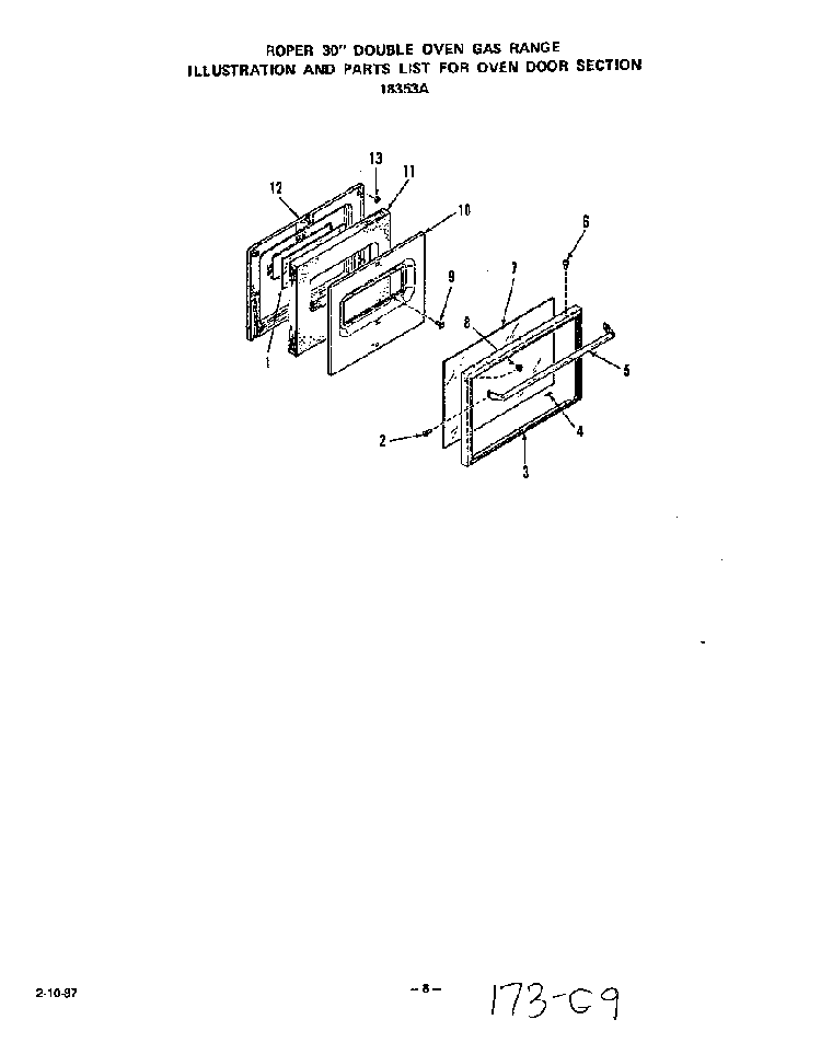 Oven Door Diagram and Parts List for 1835*3A  Roper Range