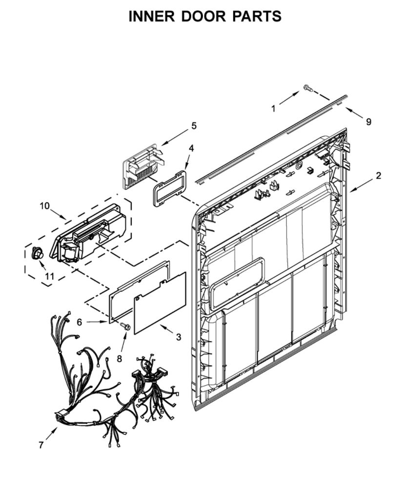 Inner Door Parts Diagram and Parts List for WDF130PAHB1  Whirlpool Dishwasher