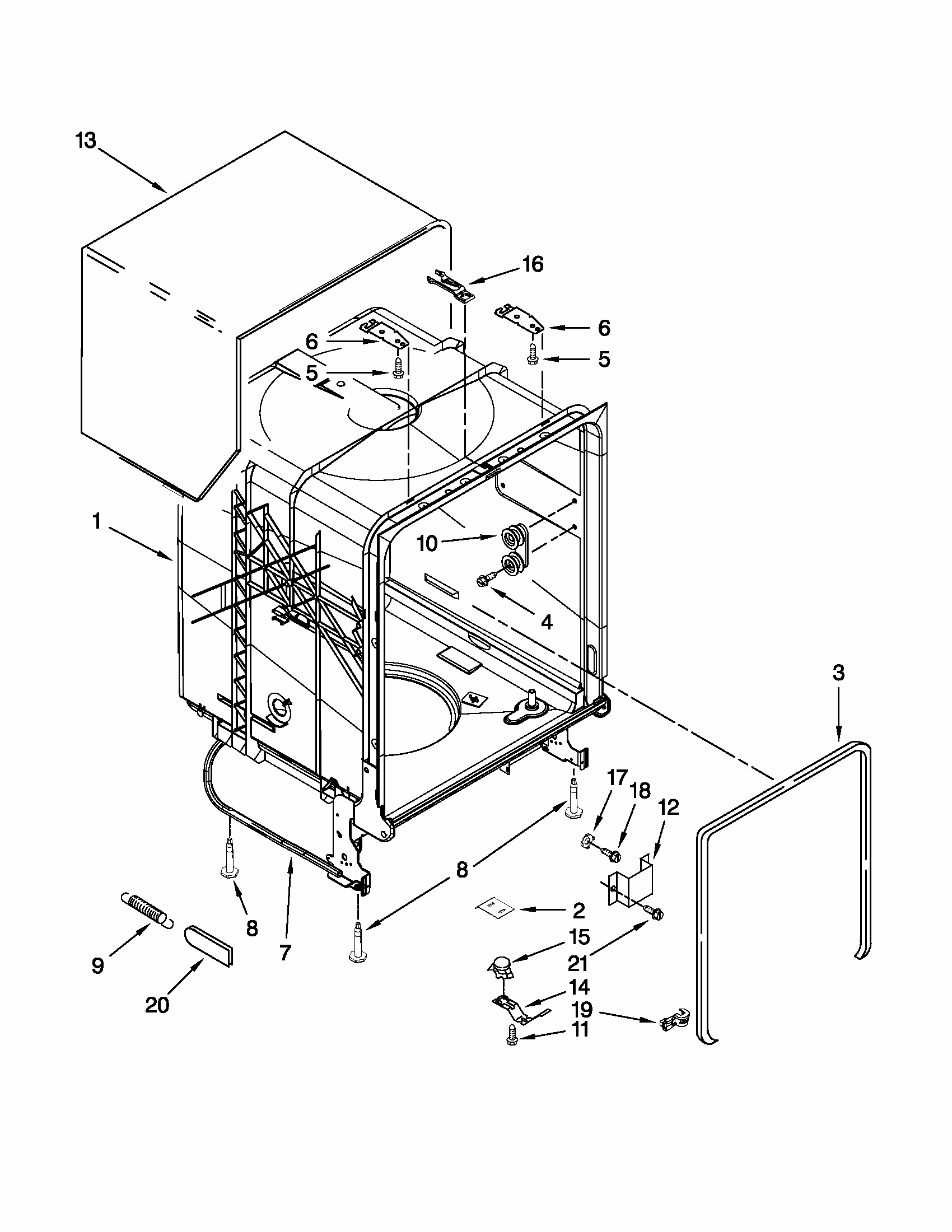 Tub And Frame Parts Diagram and Parts List for 66513033K111  Kenmore Dishwasher