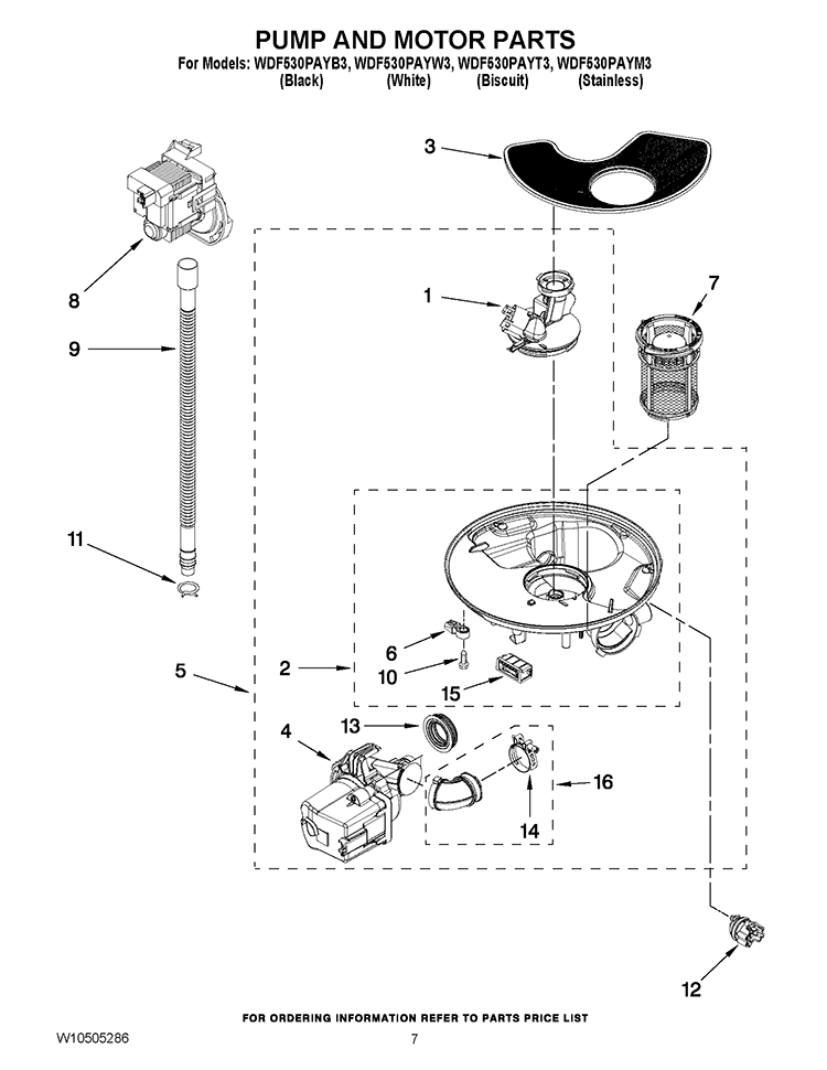 PUMP AND MOTOR PARTS Diagram and Parts List for WDF530PAYT3  Whirlpool Dishwasher